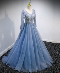 Blue V Neck Tulle Lace Long Corset Prom Dress, Blue Evening Dress with Sequin Beading outfit, Bridesmaides Dresses Green
