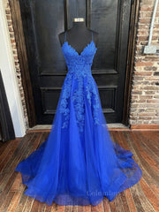 Blue v neck tulle lace long Corset Prom dress, blue lace Corset Bridesmaid dress outfit, Prom Dresses Colorful