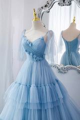 Blue V-Neck Tulle Long Corset Prom Dress, A-Line Evening Party Dress Outfits, Prom Dress Floral