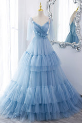 Blue V-Neck Tulle Long Corset Prom Dress, A-Line Evening Party Dress Outfits, Prom Dresses Off Shoulder