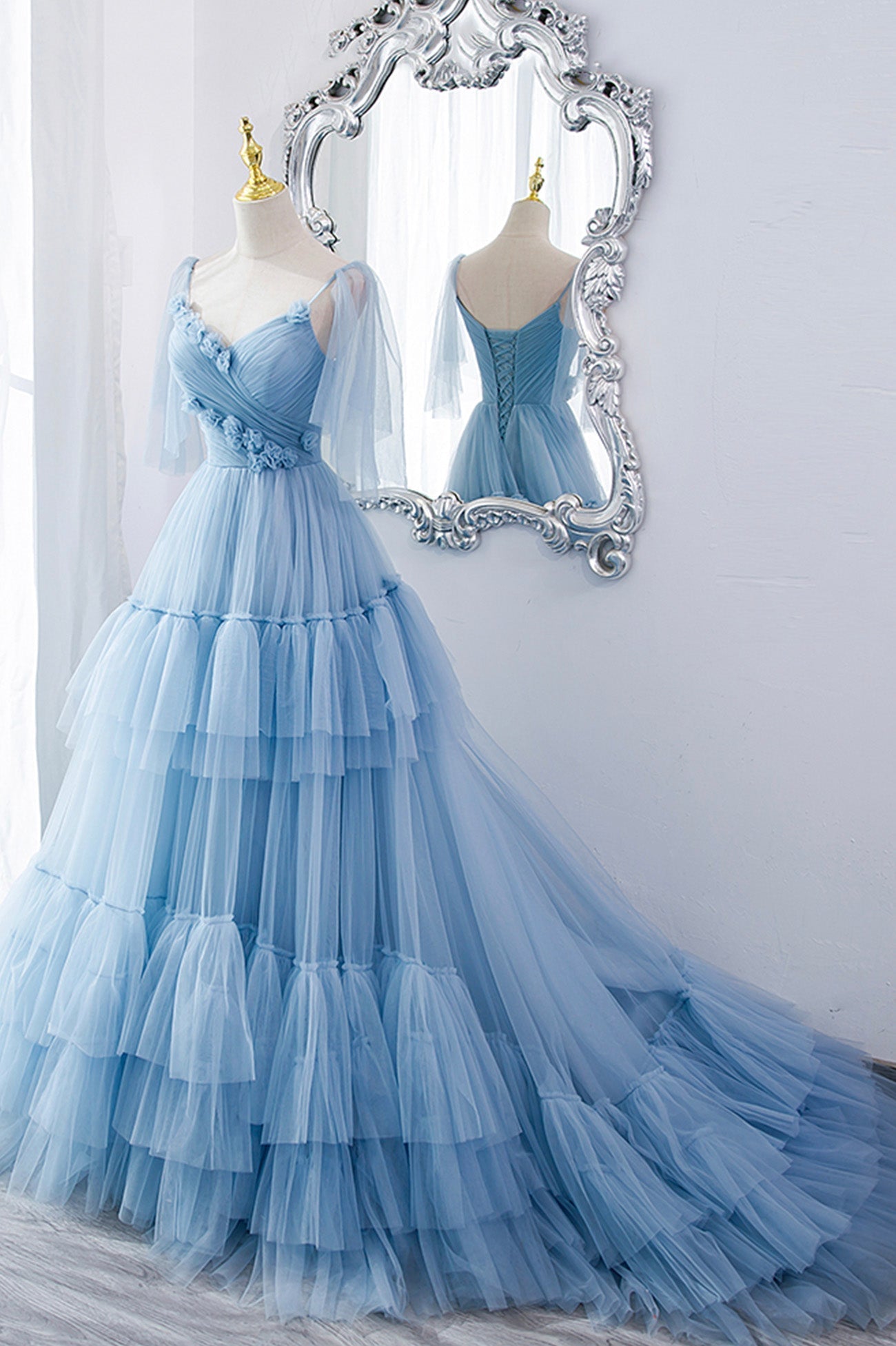 Blue V-Neck Tulle Long Corset Prom Dress, A-Line Evening Party Dress Outfits, Prom Dresses For Skinny Body