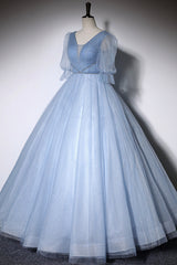 Blue V-Neck Tulle Long Corset Prom Dress, A-Line Corset Formal Evening Dress outfit, Party Dress Prom