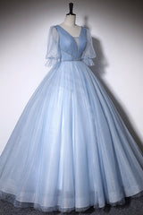 Blue V-Neck Tulle Long Corset Prom Dress, A-Line Corset Formal Evening Dress outfit, Party Dresses Prom