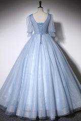 Blue V-Neck Tulle Long Corset Prom Dress, A-Line Corset Formal Evening Dress outfit, Party Dresse Idea