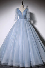 Blue V-Neck Tulle Long Corset Prom Dress, A-Line Corset Formal Evening Dress outfit, Party Dress Pinterest