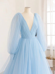 Blue V-Neck Tulle Long Corset Prom Dress, A-Line Long Sleeve Evening Dress outfit, Party Dress Summer