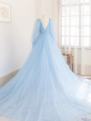 Blue V-Neck Tulle Long Corset Prom Dress, A-Line Long Sleeve Evening Dress outfit, Party Dress Codes