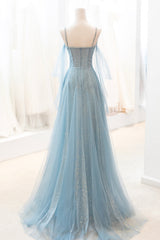 Blue V-Neck Tulle Long Corset Prom Dress, A-Line Spaghetti Strap Evening Dress outfit, Party Dress For Ladies