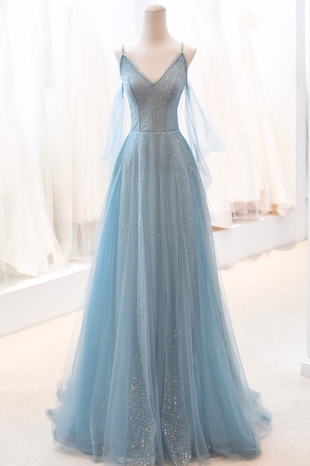 Blue V-Neck Tulle Long Corset Prom Dress, A-Line Spaghetti Strap Evening Dress outfit, Party Dress Fall