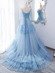Blue v neck tulle long Corset Prom dress, blue tulle Corset Formal dress outfit, Prom Dress Inspiration