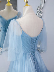 Blue v neck tulle long Corset Prom dress, blue tulle Corset Formal dress outfit, Party Dresses