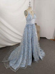 Blue V Neck Tulle Sequin Long Corset Prom Dress, Blue Aline Corset Formal Graduation Dress outfits, Homecoming Dresses Classy Elegant