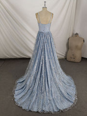 Blue V Neck Tulle Sequin Long Corset Prom Dress, Blue Aline Corset Formal Graduation Dress outfits, Homecoming Dress Classy Elegant
