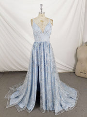 Blue V Neck Tulle Sequin Long Corset Prom Dress, Blue Aline Corset Formal Graduation Dress outfits, Homecoming Dress 2033