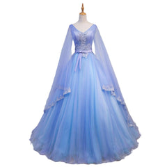 Blue V-neckline Corset Prom Dress with Long Sleeves, Lace Applique Party Dress For Teen outfits, Prom Shoes