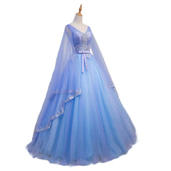 Blue V-neckline Corset Prom Dress with Long Sleeves, Lace Applique Party Dress For Teen outfits, Silk Wedding Dress