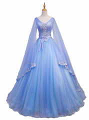 Blue V-neckline Corset Prom Dress with Long Sleeves, Lace Applique Party Dress For Teen outfits, Wedding Inspiration