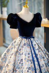 Blue Velvet Floor Length Corset Prom Dress with Short Sleeve, Blue V-Neck Corset Formal Evening Dress outfit, Mini Dress