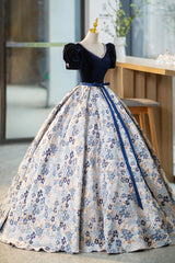 Blue Velvet Floor Length Corset Prom Dress with Short Sleeve, Blue V-Neck Corset Formal Evening Dress outfit, Black Wedding Dress