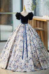 Blue Velvet Floor Length Corset Prom Dress with Short Sleeve, Blue V-Neck Corset Formal Evening Dress outfit, Ball Gown