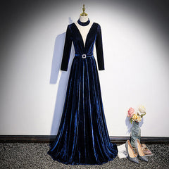 Blue Velvet Long Sleeves Floor Length Corset Wedding Party Dress, Blue Corset Formal Gown outfit, Weddings Dresses With Sleeves