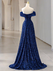 Blue Velvet Sequin Long Corset Prom Dress, Blue Corset Formal Dress outfit, Evening Dress Shop