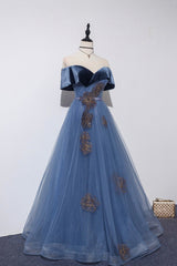 Blue Velvet Tulle Long A-Line Corset Prom Dress, Off the Shoulder Evening Dress outfit, Prom Dress Long Sleeved