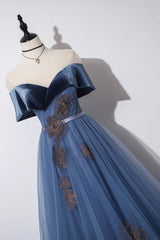 Blue Velvet Tulle Long A-Line Corset Prom Dress, Off the Shoulder Evening Dress outfit, Prom Dress Long Sleeve