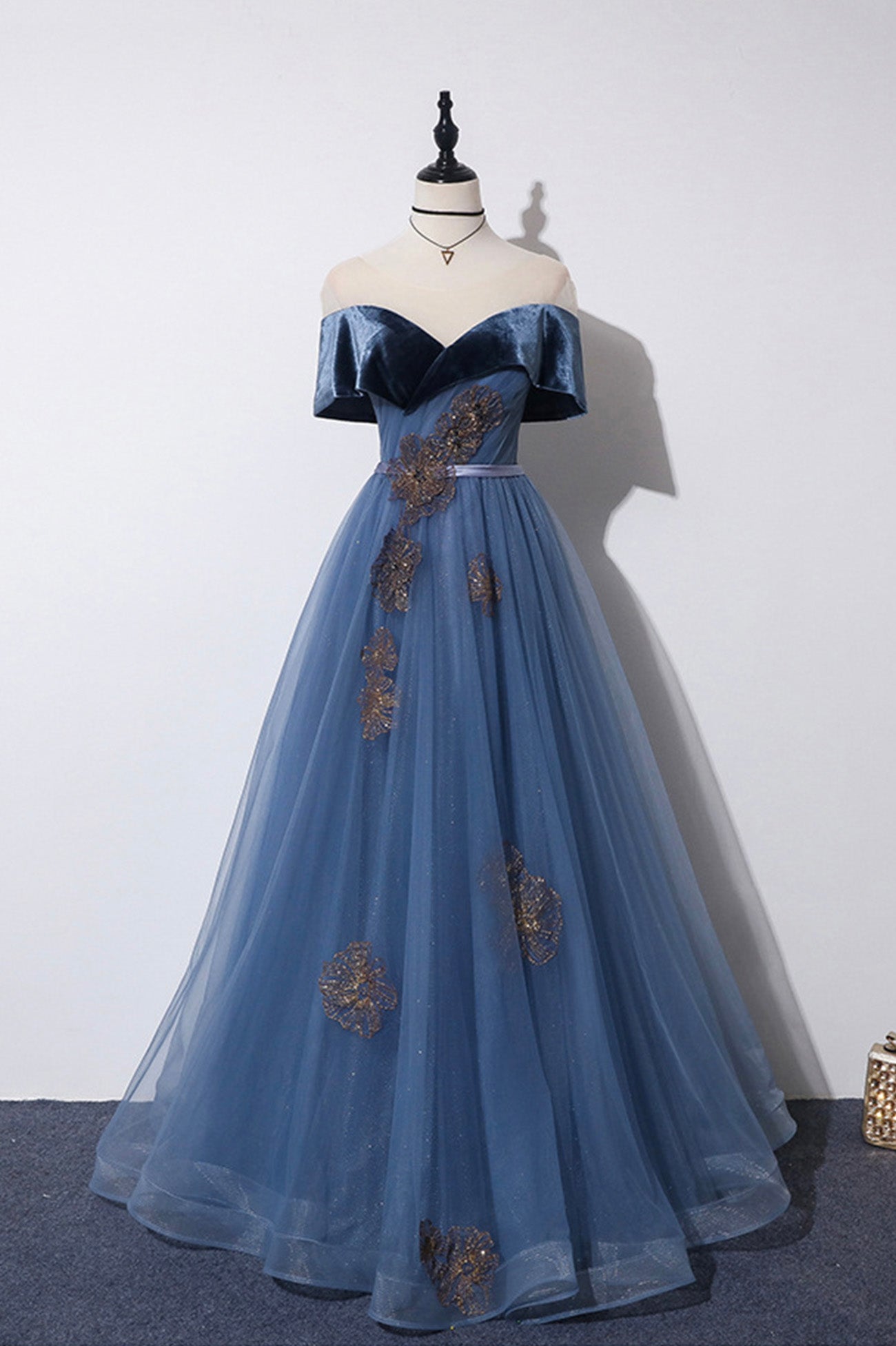 Blue Velvet Tulle Long A-Line Corset Prom Dress, Off the Shoulder Evening Dress outfit, Prom Dress Long Sleeves