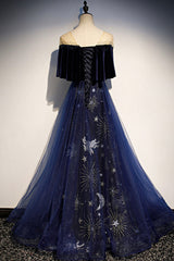 Blue Velvet Tulle Long Corset Prom Dress, A-Line Blue Evening Party Dress Outfits, Semi Dress