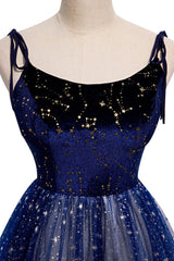 Blue Velvet Tulle Long Corset Prom Dress, A-Line Evening Party Dress Outfits, Bridesmaid Dresses Orange