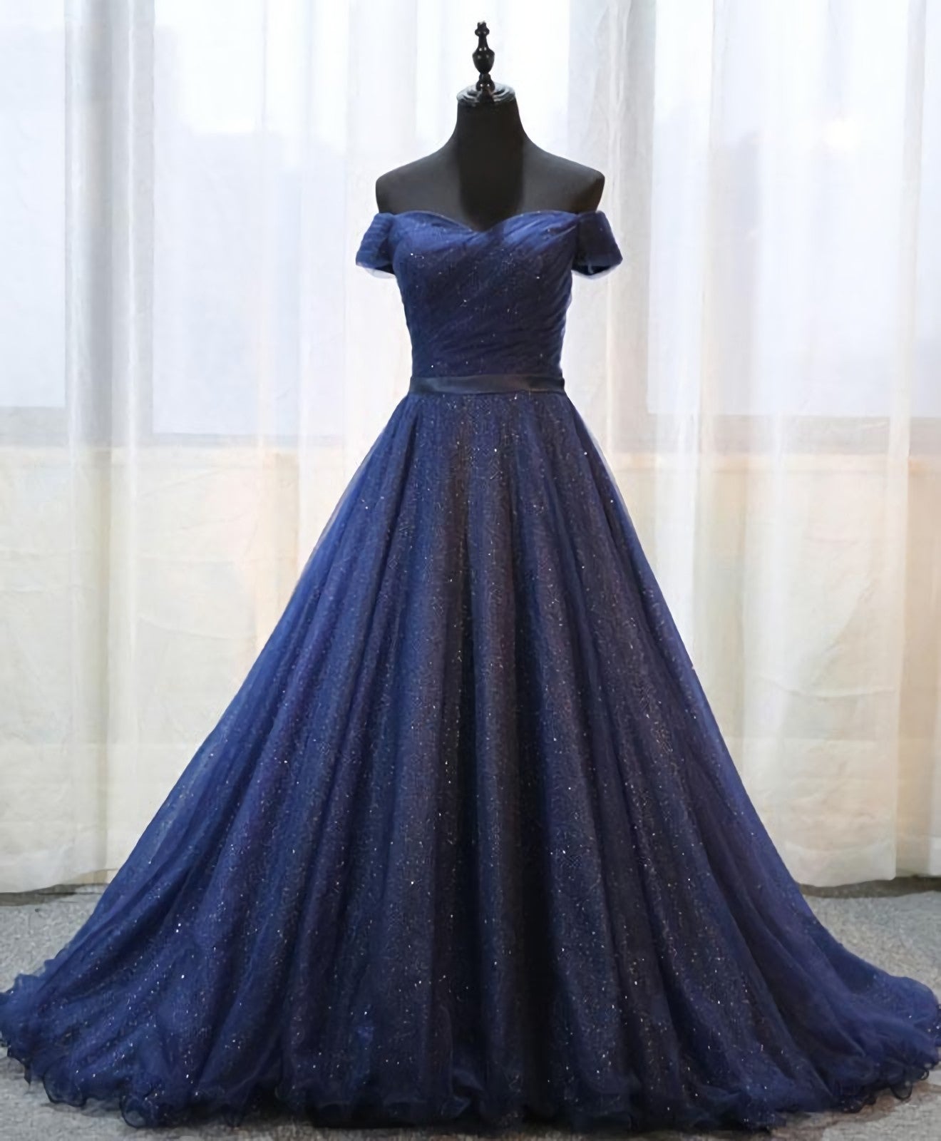 Dark Blue Shining Tulle Long Corset Prom Dress, Evening Dress outfit, Evening Dress Elegant