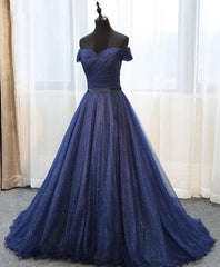 Dark Blue Shining Tulle Long Corset Prom Dress, Evening Dress outfit, Evening Dress Ideas