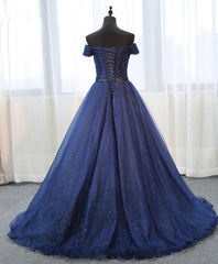 Dark Blue Shining Tulle Long Corset Prom Dress, Evening Dress outfit, Evening Dresses Store