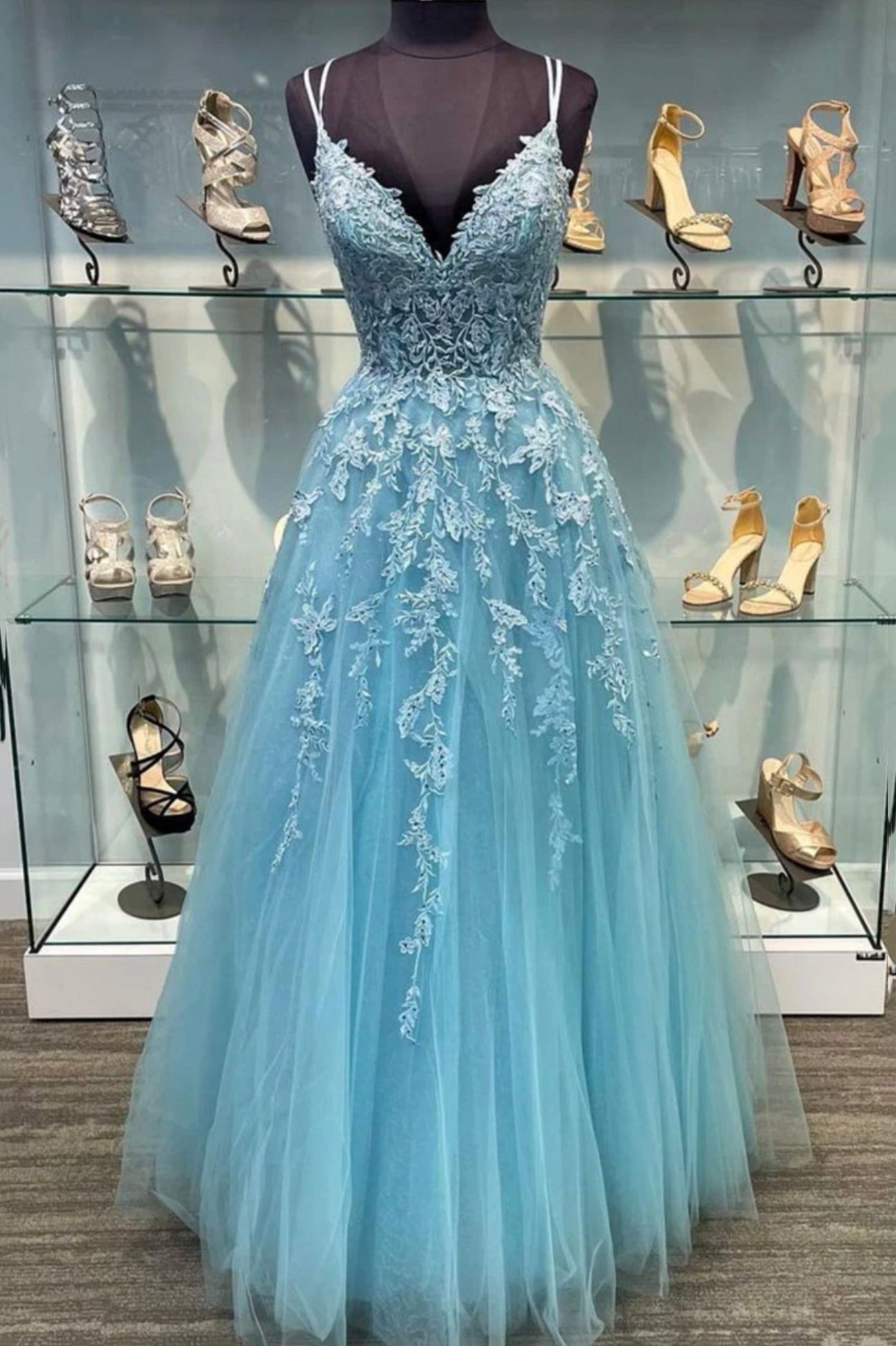 Blue V-Neck Tulle Long Corset Prom Dresses, A-Line Evening Dresses with Lace Outfits, Silk Prom Dress