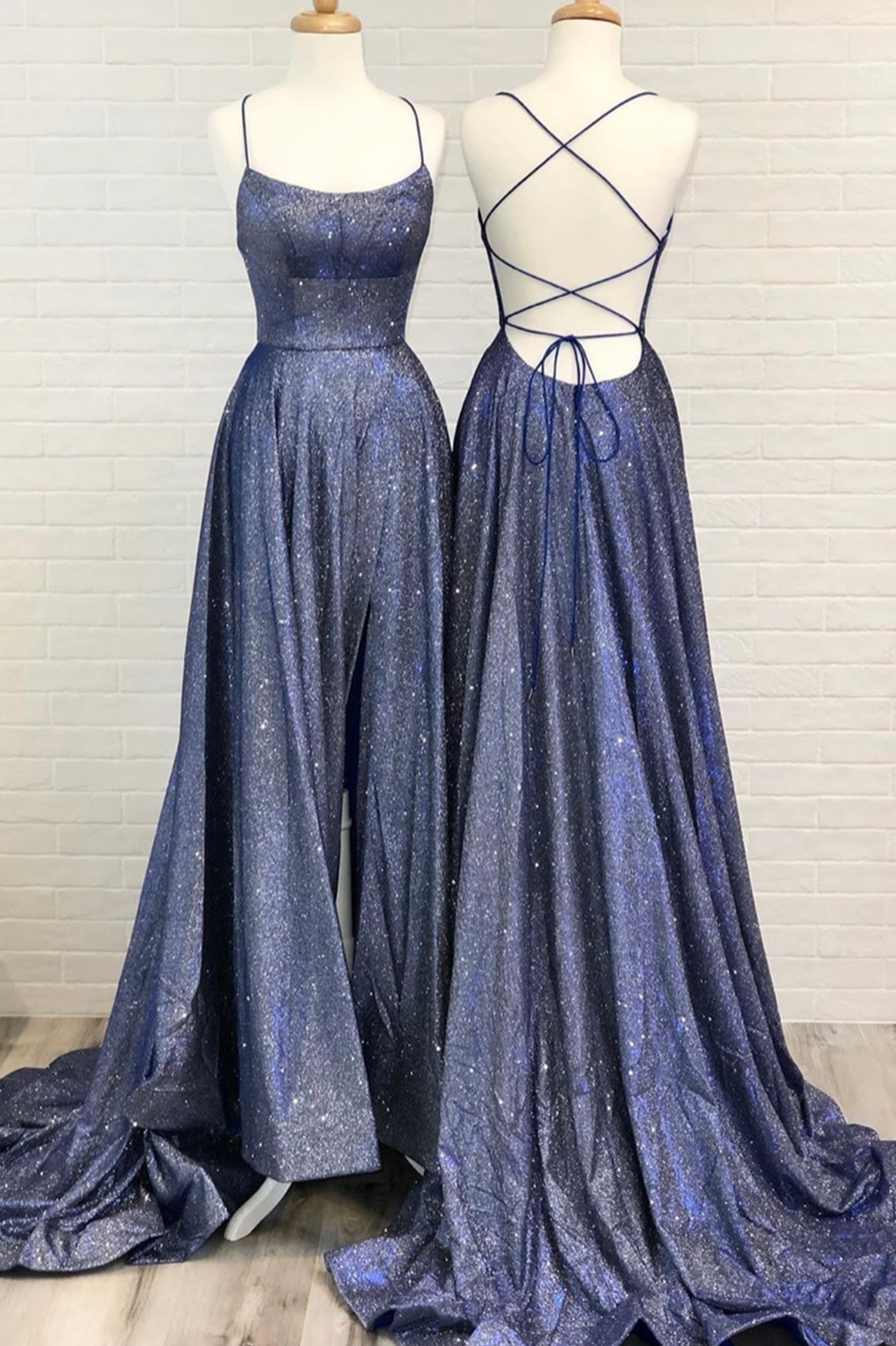 Blue A-Line Backless Long Corset Prom Dresses, Blue Evening Dresses outfit, Bridesmaids Dresses Convertible