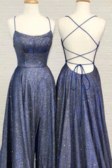 Blue A-Line Backless Long Corset Prom Dresses, Blue Evening Dresses outfit, Bridesmaid Dresses Convertable