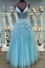 Blue V-Neck Tulle Long Corset Prom Dresses, A-Line Evening Dresses with Lace Outfits, Silk Prom Dress