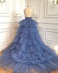 Blue V Neck Tiered Sleeveless Tulle Corset Prom Dress, Gorgeous Long Party Dress Outfits, Party Dresses For Girl