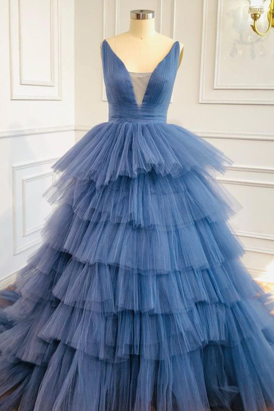 Blue V Neck Tiered Sleeveless Tulle Corset Prom Dress, Gorgeous Long Party Dress Outfits, Party Dress For Girl