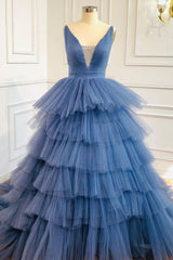 Blue V Neck Tiered Sleeveless Tulle Corset Prom Dress, Gorgeous Long Party Dress Outfits, Party Dress For Girl