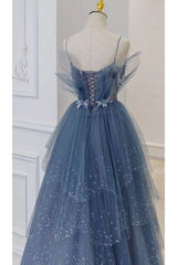 Gorgeous Blue Sparkly Tulle Beaded Corset Prom Dress, Tiered Corset Formal Gown with Rhinestone outfits, Party Dress For Christmas Party