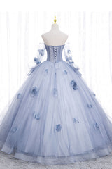 Blue Long Sleeves Tulle Corset Prom Dress with Flowers, Puffy Off the Shoulder Quinceanera Dress outfit, Party Dress Glitter
