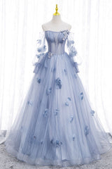 Blue Long Sleeves Tulle Corset Prom Dress with Flowers, Puffy Off the Shoulder Quinceanera Dress outfit, Party Dresses Glitter