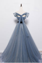 Blue Off the Shoulder Tulle Long Corset Prom Dress with Sash, Sparkly Corset Formal Gown outfit, Party Dress Long Sleeve Maxi