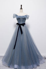 Blue Off the Shoulder Tulle Long Corset Prom Dress with Sash, Sparkly Corset Formal Gown outfit, Party Dresses