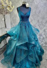 Blue Tulle Lace Long Corset Prom Dresses, A-Line Spaghetti Straps Evening Dresses outfit, Party Dresses For Teenage Girls