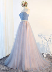 Blue Tulle Long Corset Prom Dresses, A-Line Strapless Evening Dresses outfit, Party Dress Bling