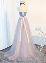 Blue Tulle Long Corset Prom Dresses, A-Line Strapless Evening Dresses outfit, Party Dress Over 60