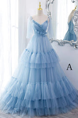 A Line V Neck New Style Tiered Long Tulle Corset Prom Dress, Evening Gown with Flower outfit, Black Dress Classy
